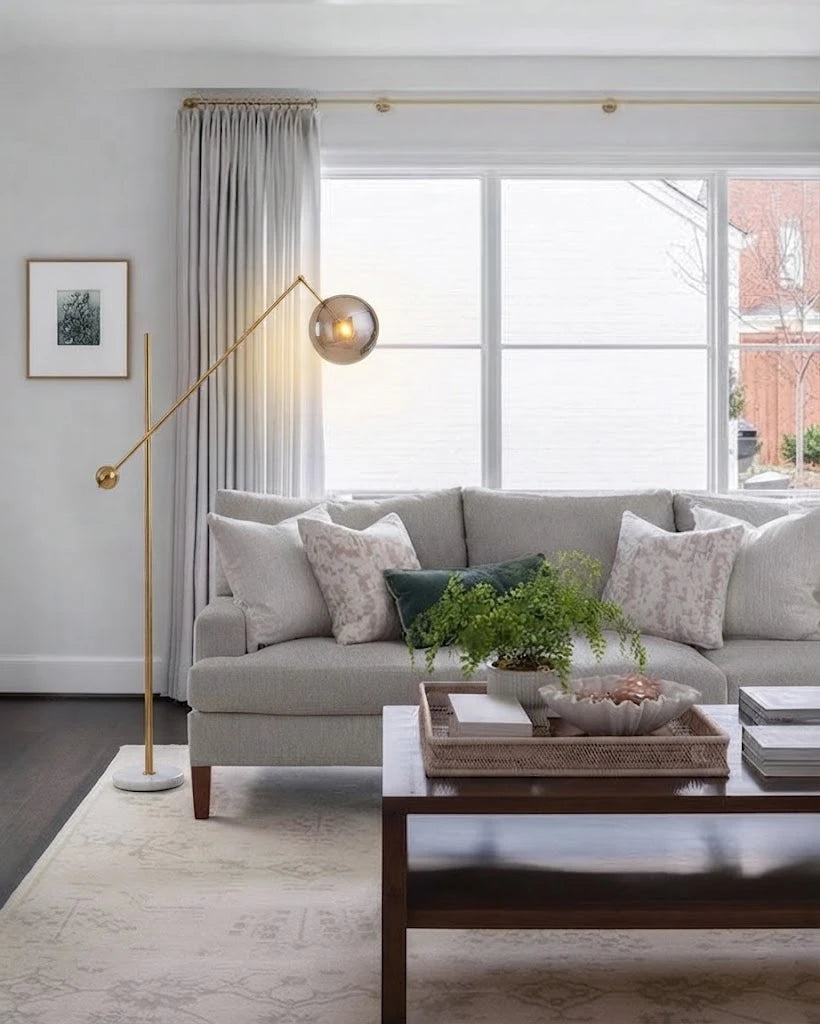 Modern Smoked Glass Floor Lamp in Bright Living Room