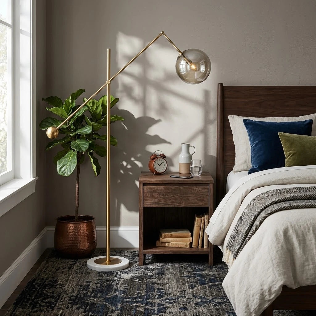 Modern Balance Arm Floor Lamp in Bedroom Interior