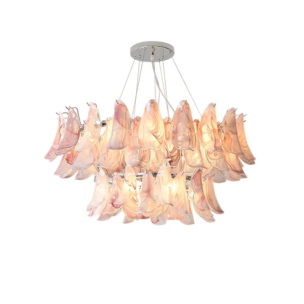 Modern Pink Gradient Feather Art Glass Chandelier with Silver Canopy on Pure White Background