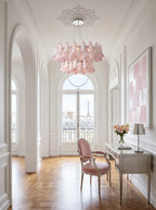 Modern Pink Feather Art Glass Chandelier Along Hallway Foyer