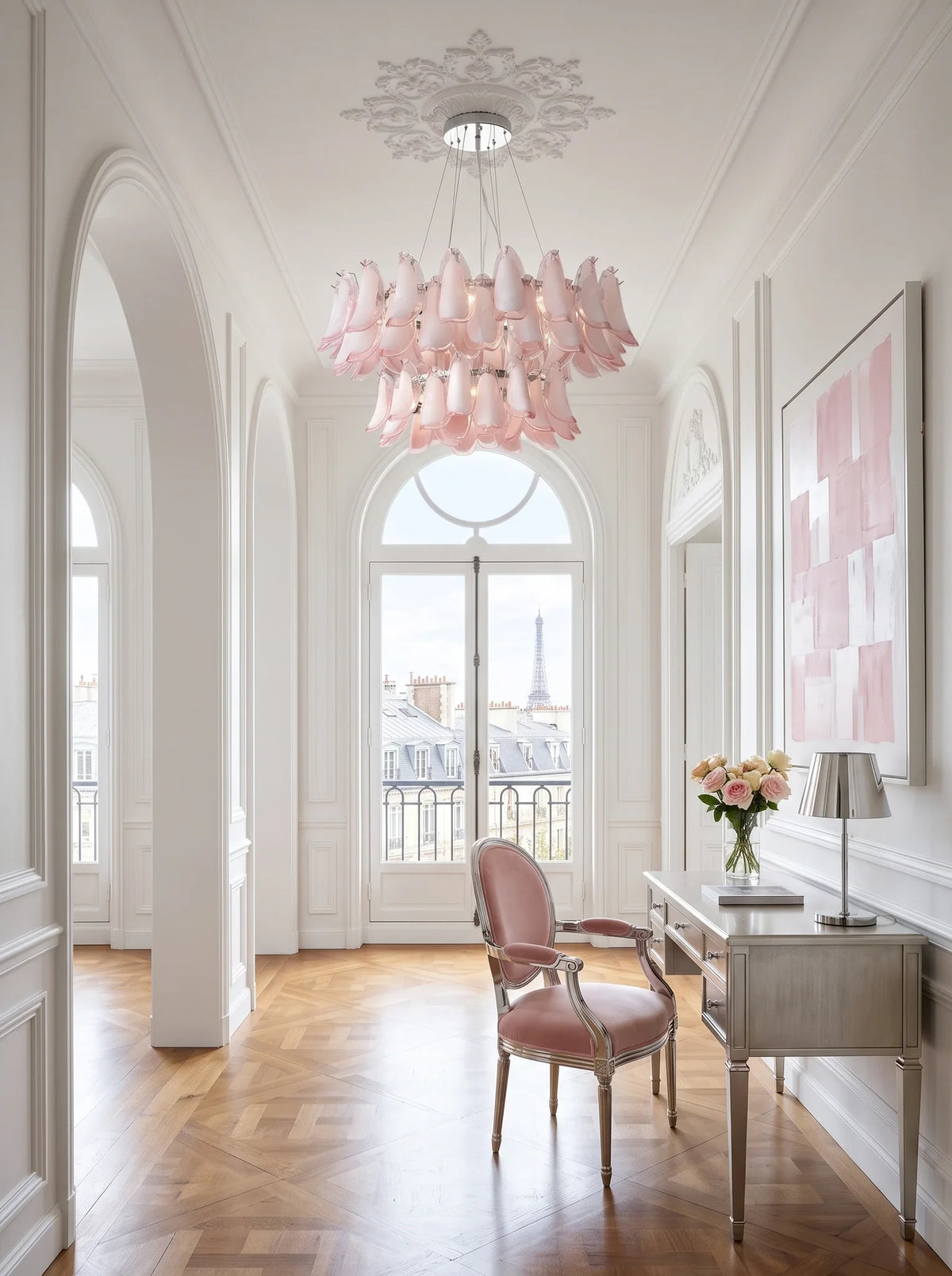 Modern Pink Feather Art Glass Chandelier Along Hallway Foyer