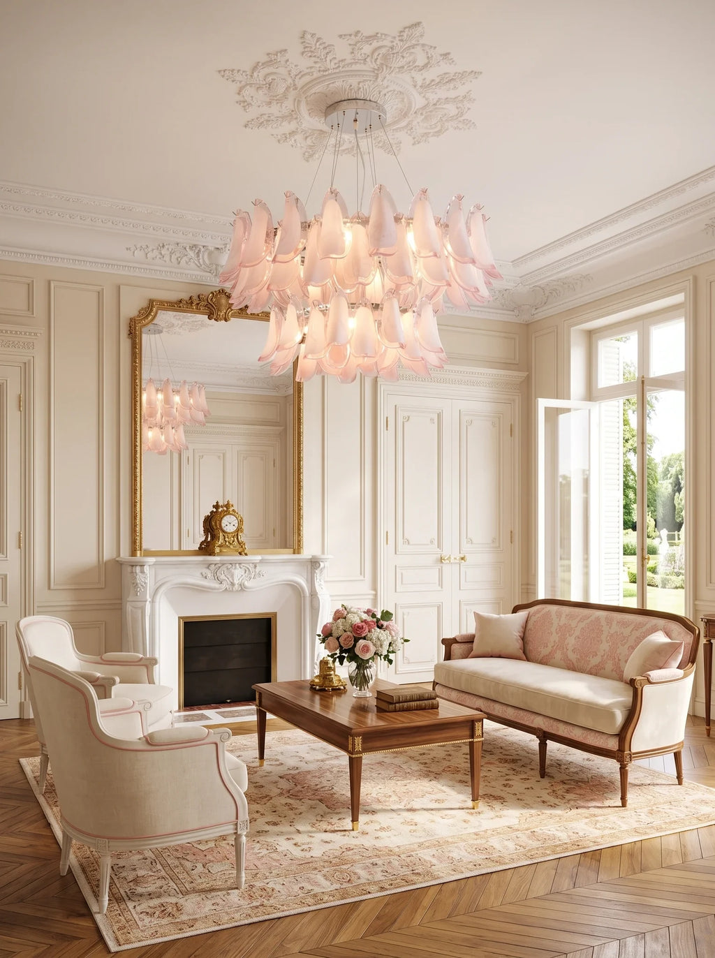 Modern Pink Feather Art Glass Chandelier in Cozy Living Room