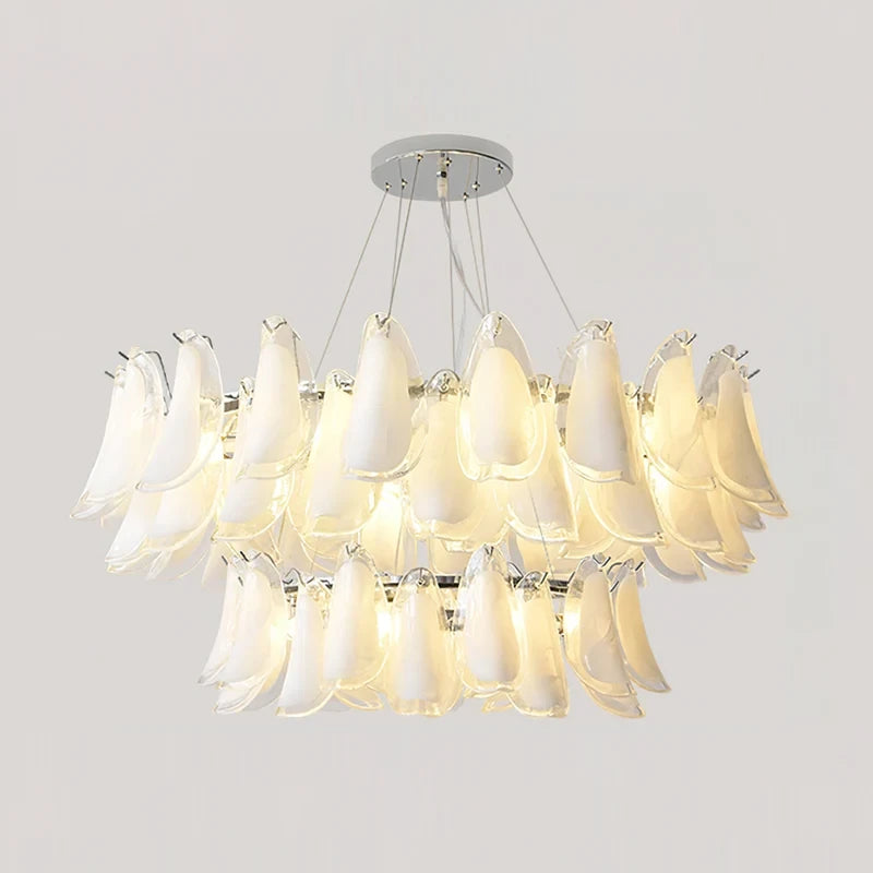 Illuminated Modern White Feather Art Glass Chandelier Studio Shot