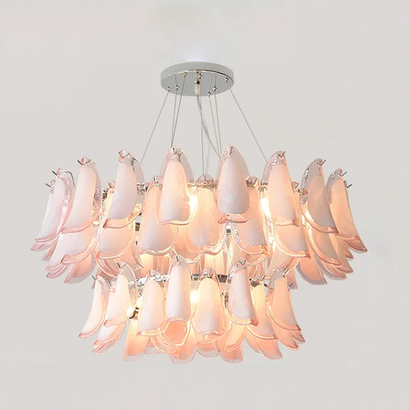Illuminated Modern Pink Gradient Feather Art Glass Chandelier Studio Shot