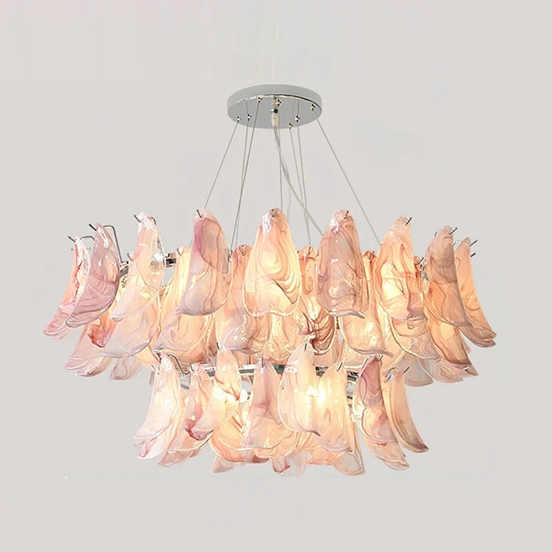 Illuminated Modern Multi-Tier Pink Feather Chandelier Studio Display