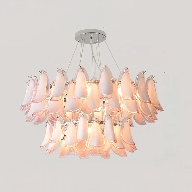 Illuminated Modern Pink Feather Art Glass Chandelier Studio Shot
