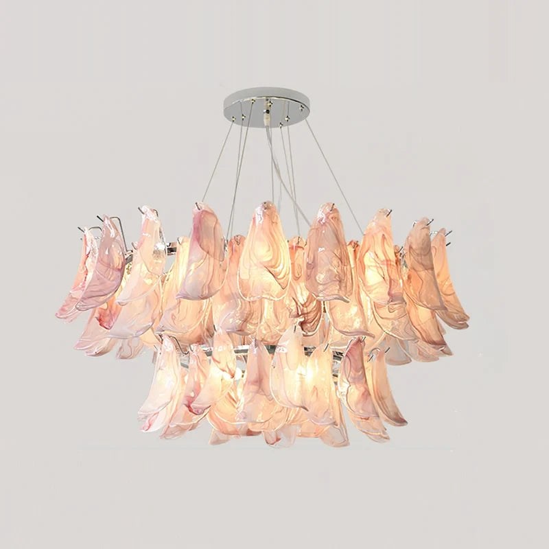 Illuminated Modern Pink Gradient Feather Art Glass Chandelier Studio Display