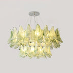 Illuminated Modern Green Gradient Feather Art Glass Chandelier Studio Shot