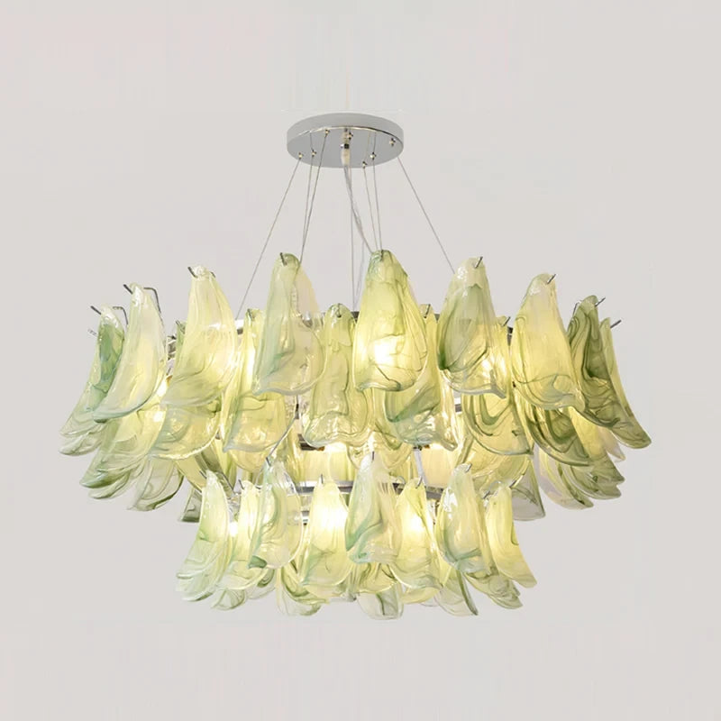 Illuminated Modern Multi-Tier Green Feather Chandelier Studio Display