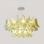 Illuminated Modern Multi-Tier Green Feather Chandelier Studio Display