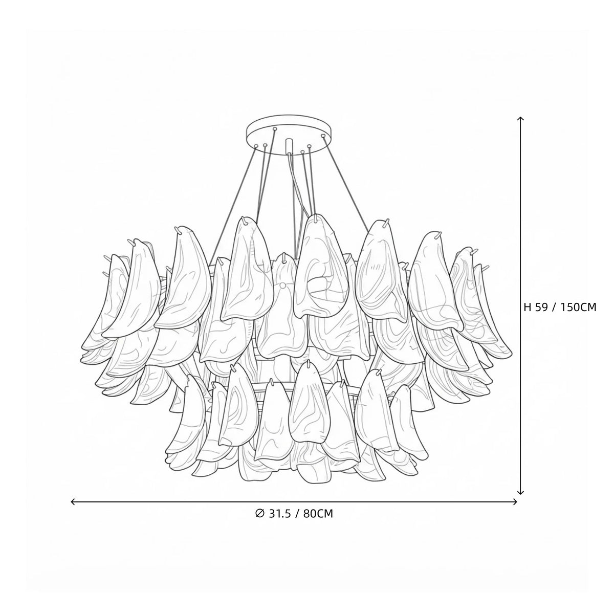 Modern Large Multi-Tier Feather Art Glass Chandelier Line Art Dimension Diagram