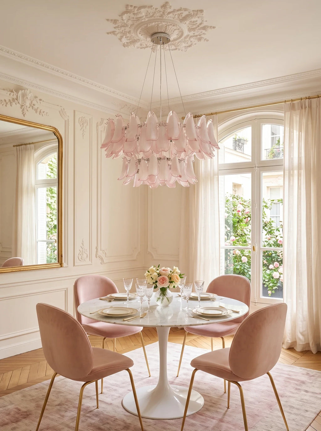 Modern Pink Feather Art Glass Chandelier Over Round Dining Table