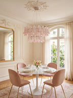 Modern Pink Feather Art Glass Chandelier Over Round Dining Table