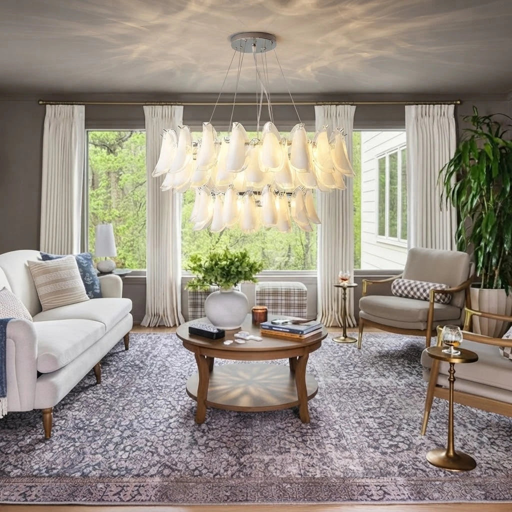 Modern Feather Art Glass Chandelier in Contemporary Living Space