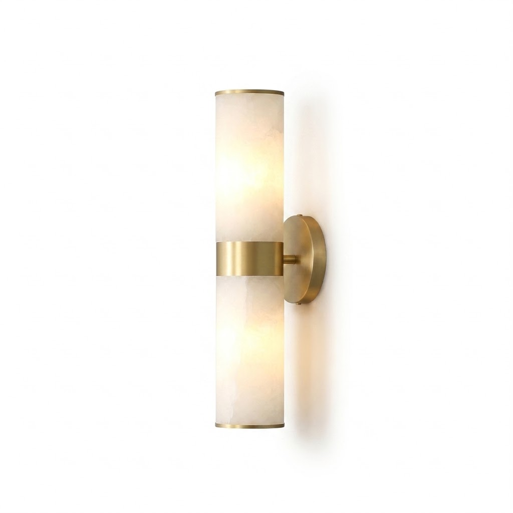 Linear Tandem Alabaster Wall Lamp, vertical cylindrical alabaster sconce with brass mounting, isolated white background product shot