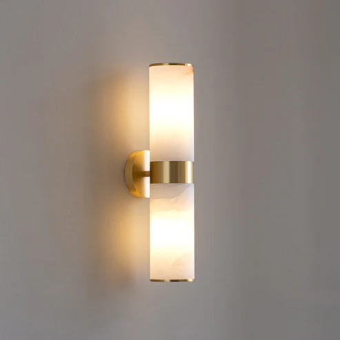 Modern vertical alabaster wall sconce Linear Tandem brass hardware simple neutral wall decor