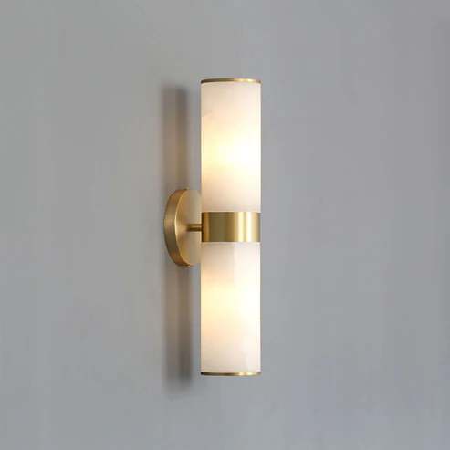 Linear Tandem wall lamp with black metal bracket and translucent alabaster cylinder shade