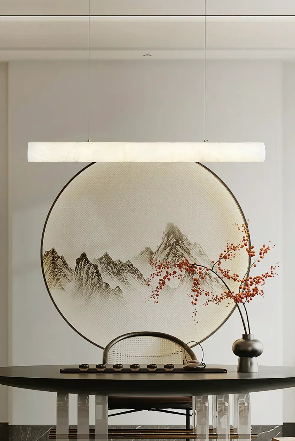 Modern Linear Alabaster Pendant Light in Minimalist Tea Room