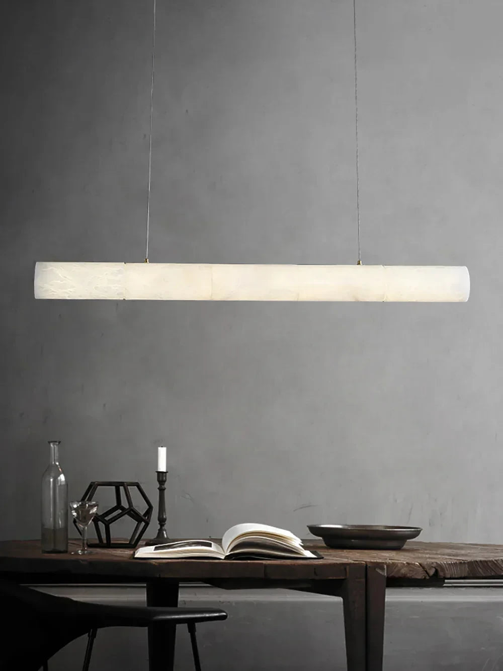 Modern Alabaster Art Glass Linear Pendant in Moody Interior Setting