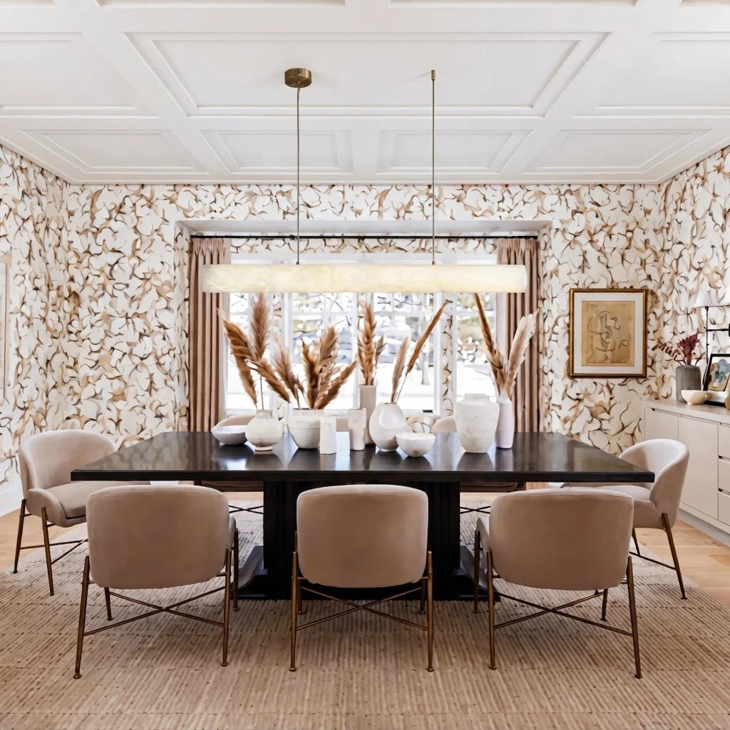 Modern Linear Alabaster Pendant Light Over Formal Dining Table