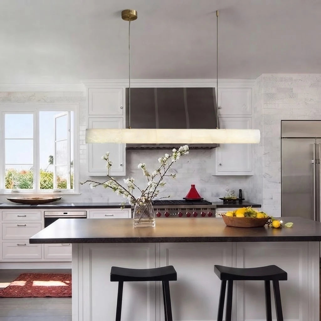 Modern Alabaster Art Glass Linear Pendant Over Kitchen Island