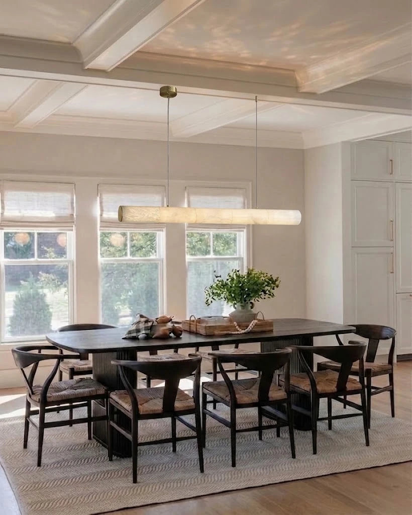 Modern Alabaster Art Glass Linear Pendant Over Dining Table