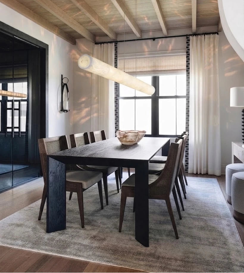 Modern Alabaster Art Glass Linear Pendant Over Dining Space