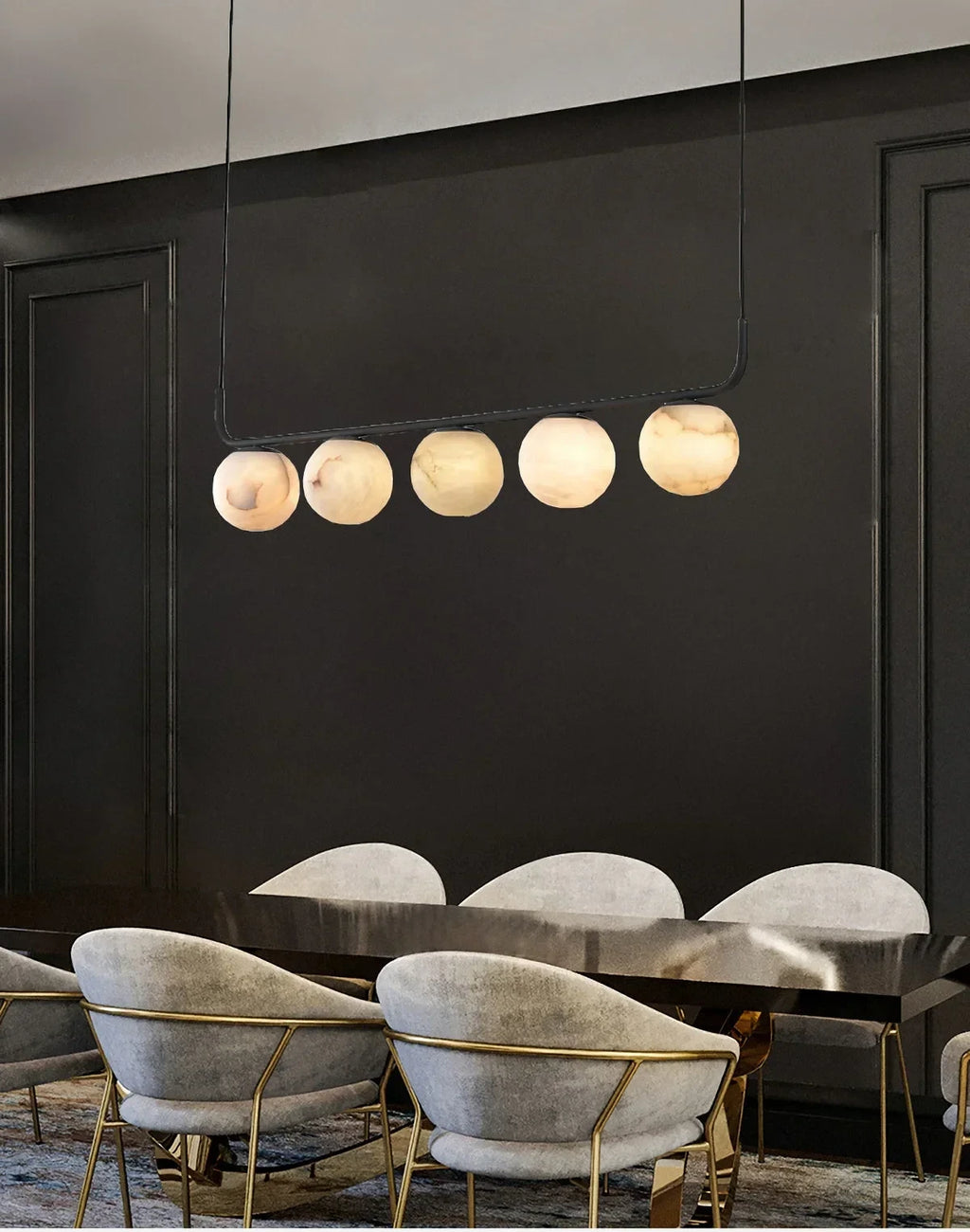 Modern Alabaster Globe Linear Pendant Light Over Dining Room Table