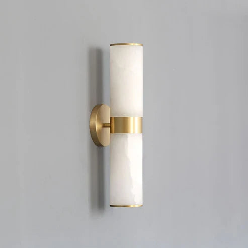 Illuminated Modern Dual-Cylinder Alabaster Style Glass Wall Sconce Studio Shot