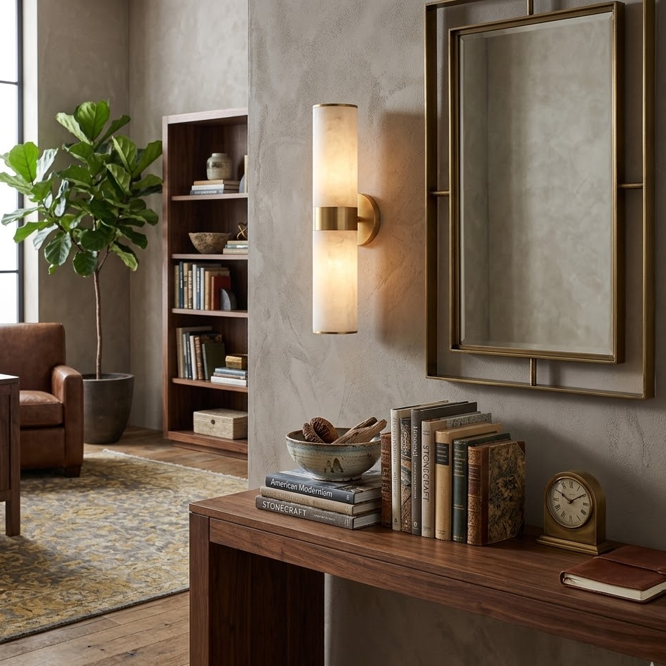 Illuminated Linear Tandem alabaster wall light mounted above wooden console table in cozy study room