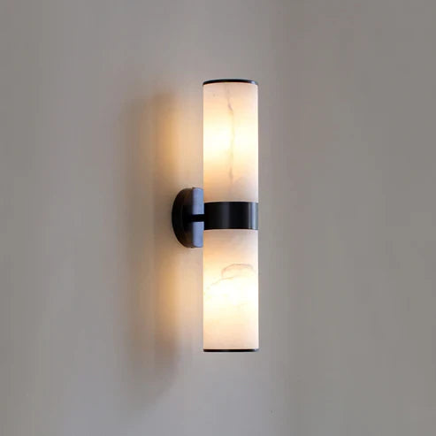 Illuminated Modern Dual-Cylinder Wall Sconce with Black Frame Studio Display