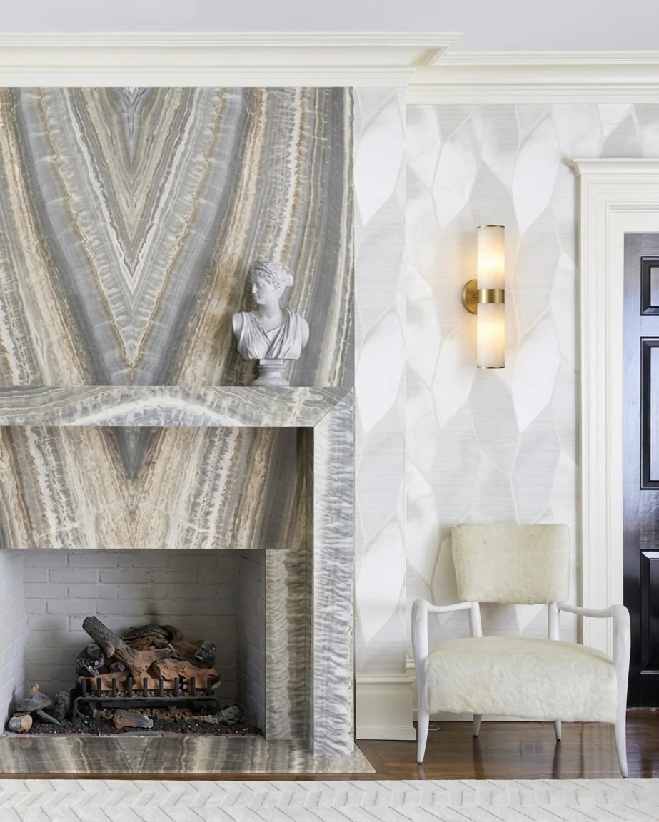 Modern Dual-Cylinder Wall Sconce Over Living Room Fireplace