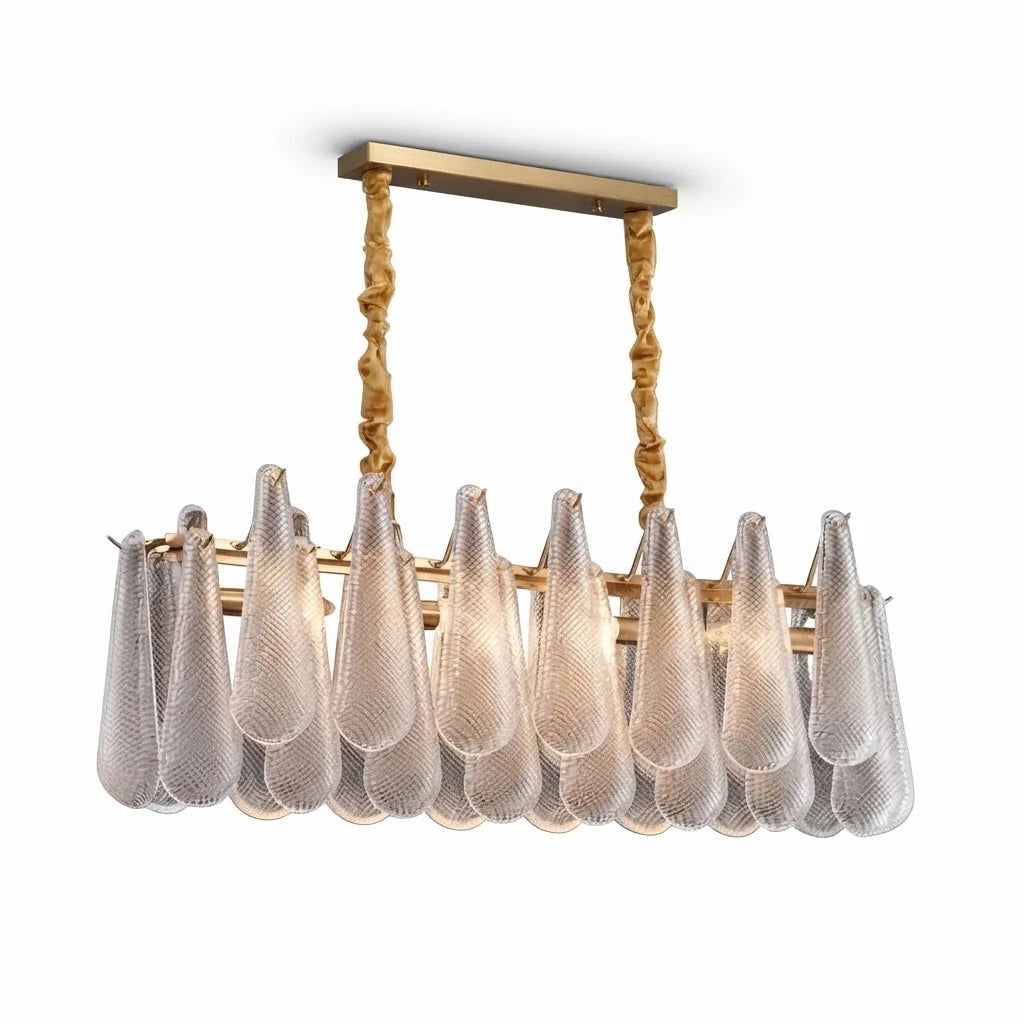 Modern Rope-Hung Brass Linear Chandelier with Ice Glass Drops on Pure White Background
