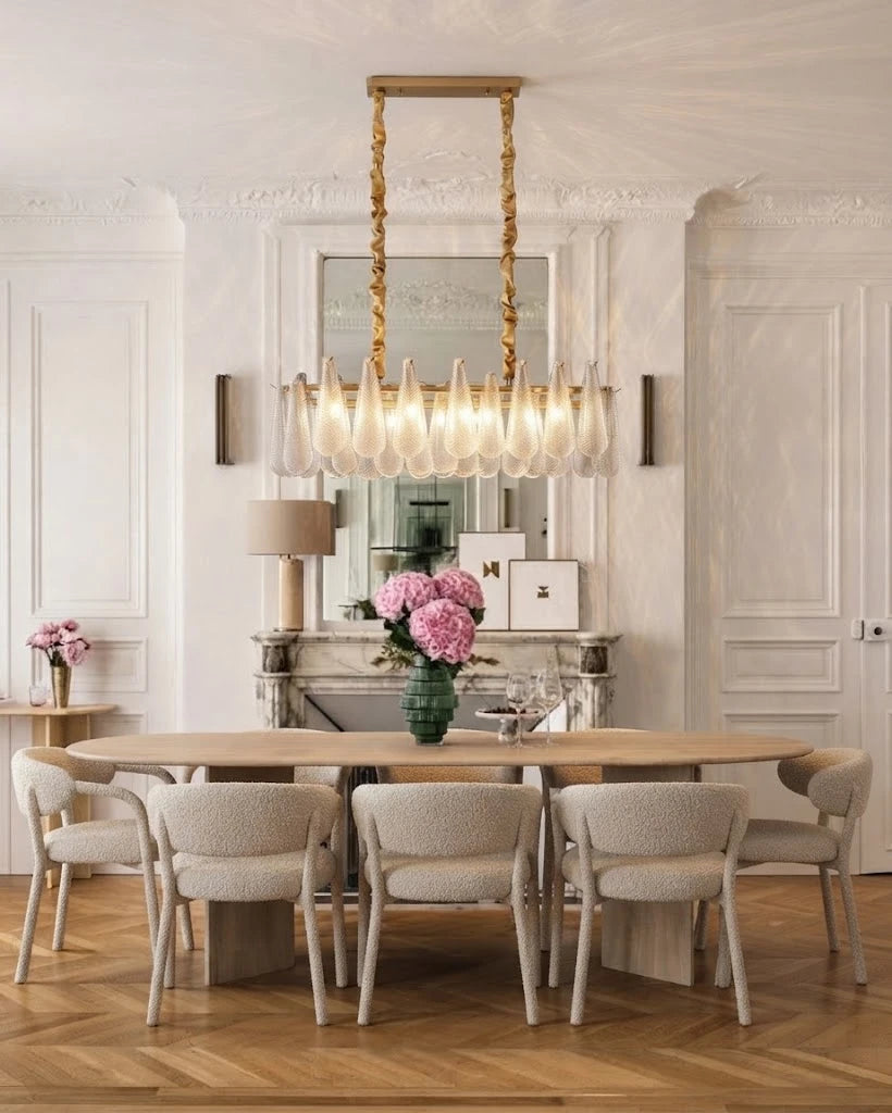 Modern Ice Glass Linear Chandelier in Classic Dining Setting