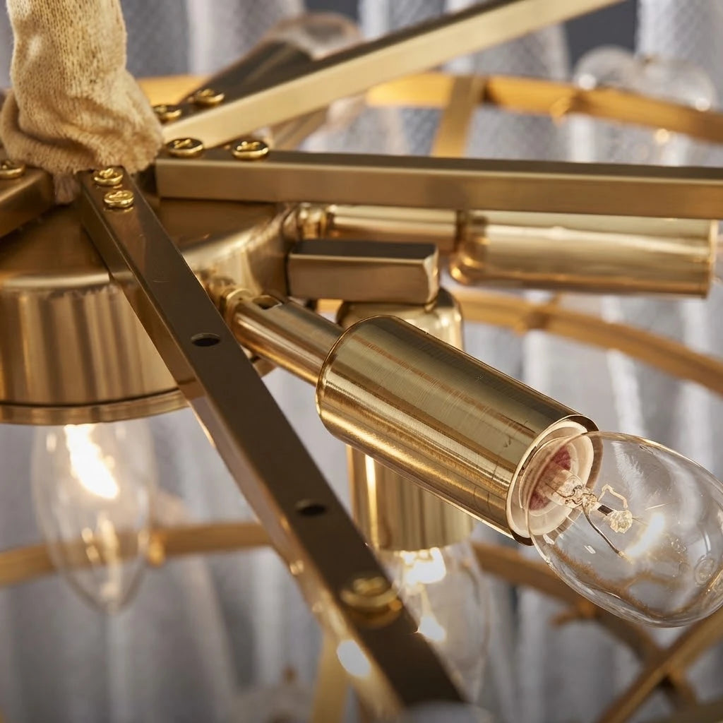 Close Up View of Brass Light Sockets and Chandelier Hardware Structure