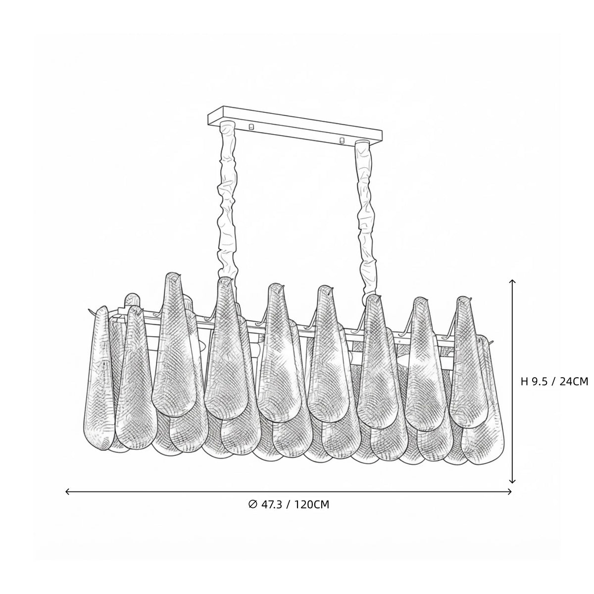 Modern Rope-Hung Brass Linear Chandelier Line Art Dimension Diagram
