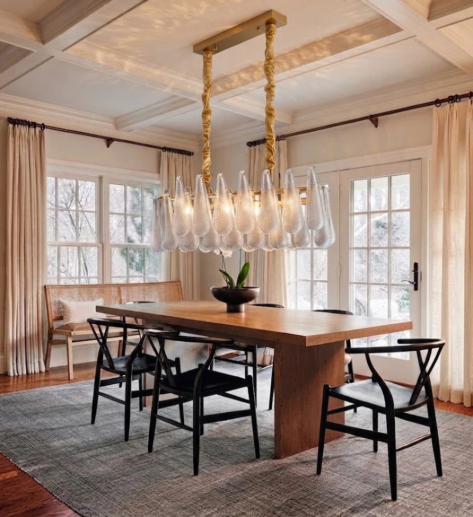 Modern Ice Glass Linear Chandelier in Formal Dining Room