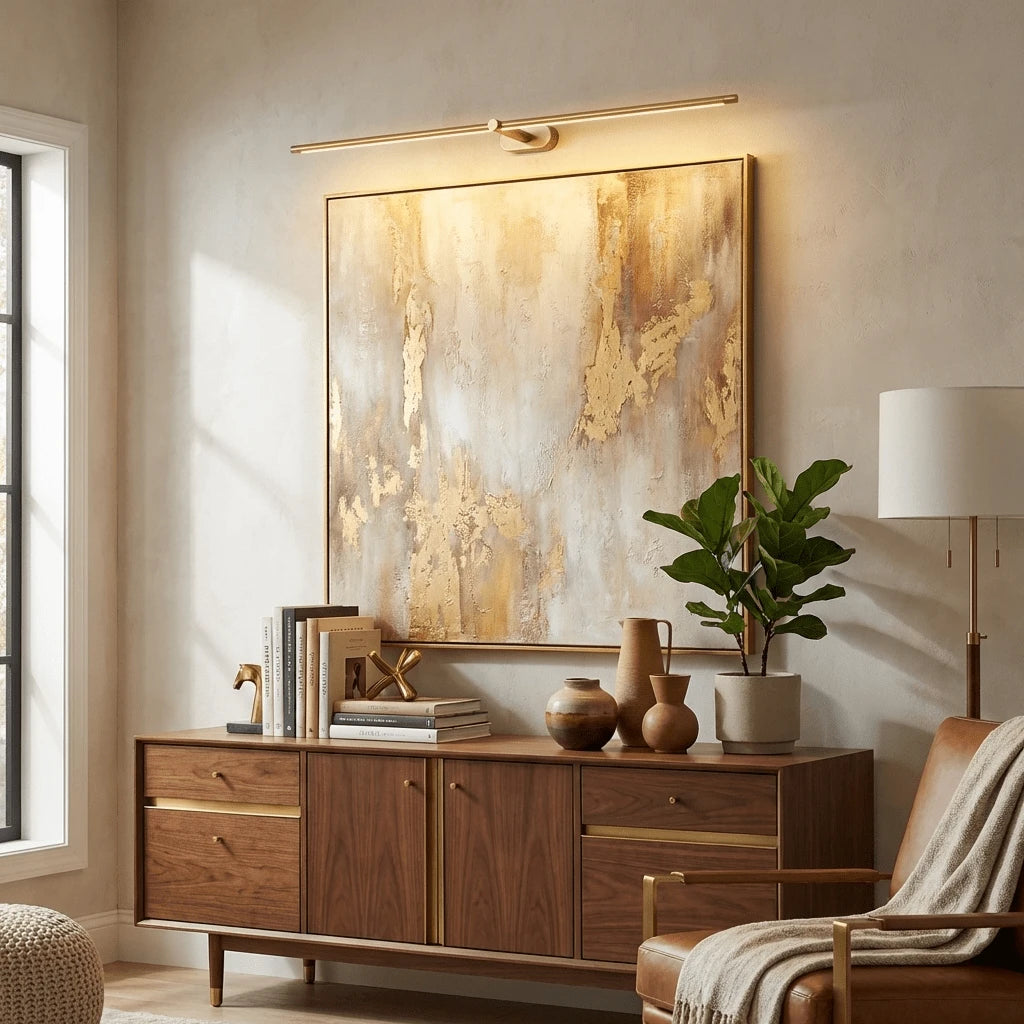 Modern Brass Linear LED Picture Light in Elegant Living Room