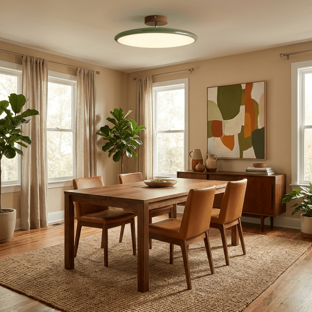Lit Lola round ceiling lamp installed above wooden dining table bright farmhouse dining room