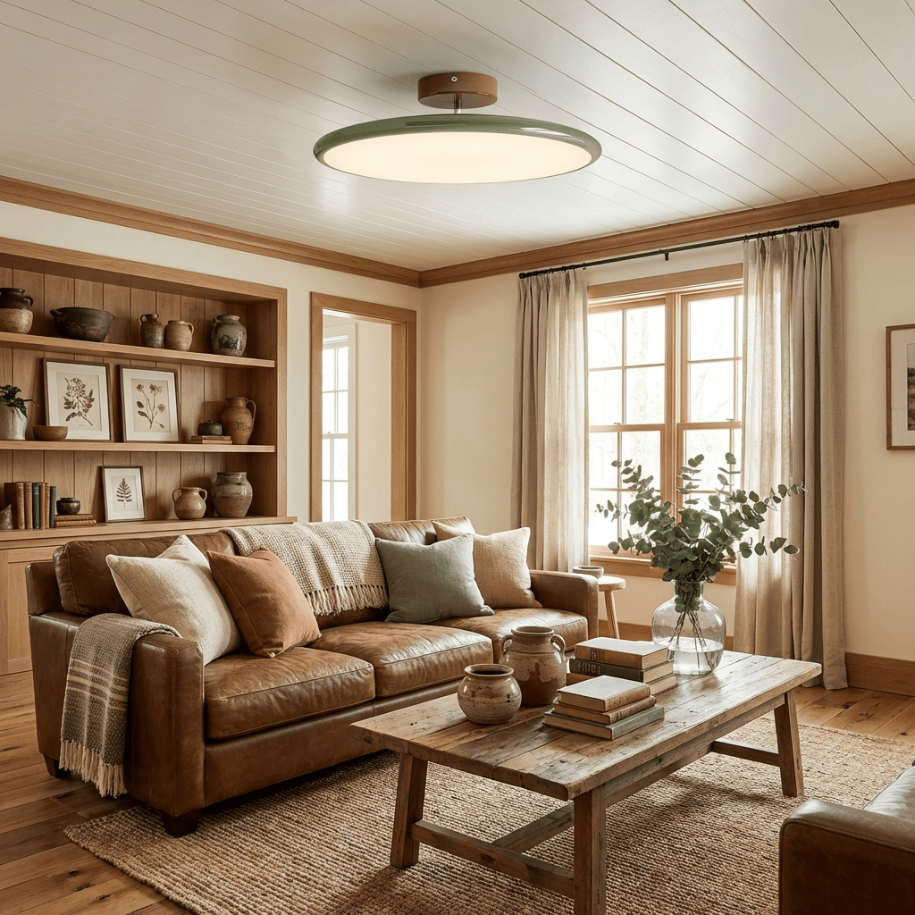 Lit Lola disc ceiling lamp brightening farmhouse style living room with built-in shelving