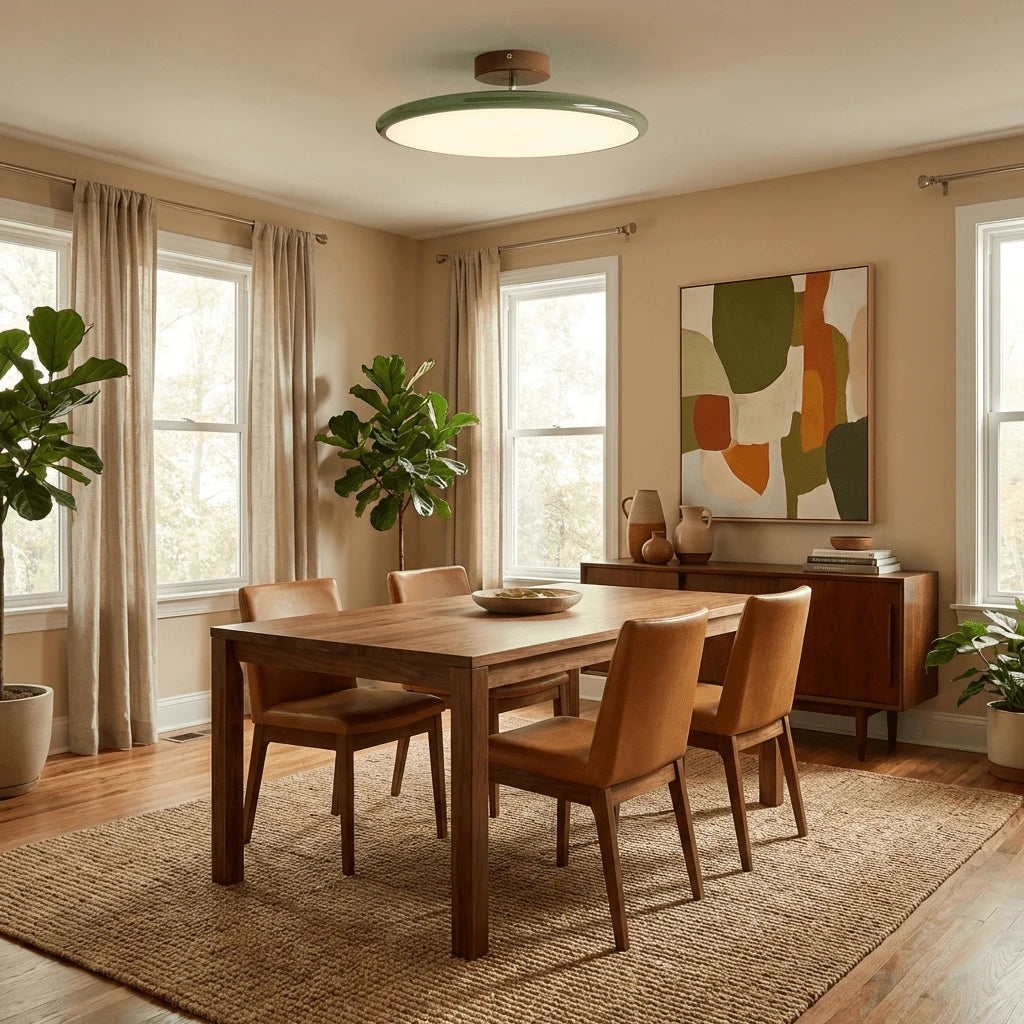 Modern Green Flush Mount Ceiling Light Over Dining Table in Elegant Setting