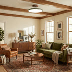 Modern Green Ceiling Light in Sunroom with Wooden Beams