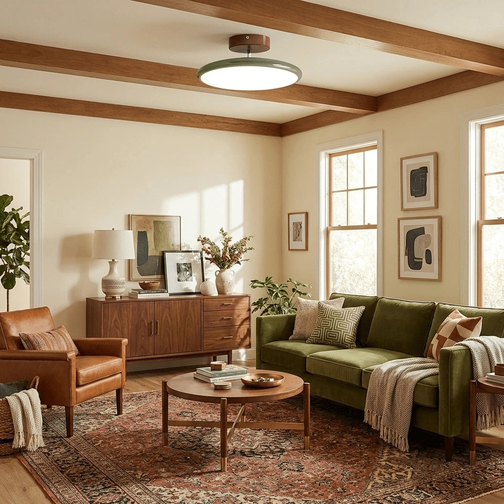 Modern Green Ceiling Light in Sunroom with Wooden Beams