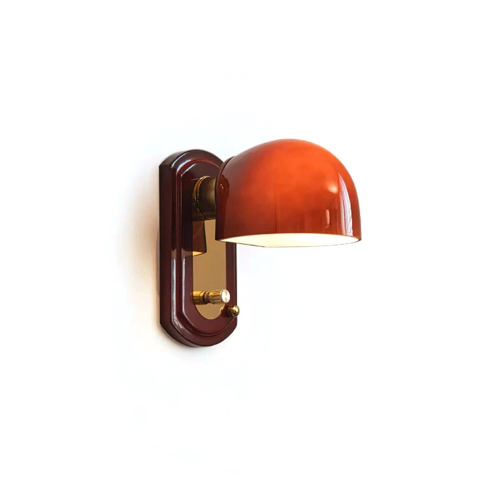 Modern Vintage Orange Dome Wall Sconce with Red Wood Base on White Background
