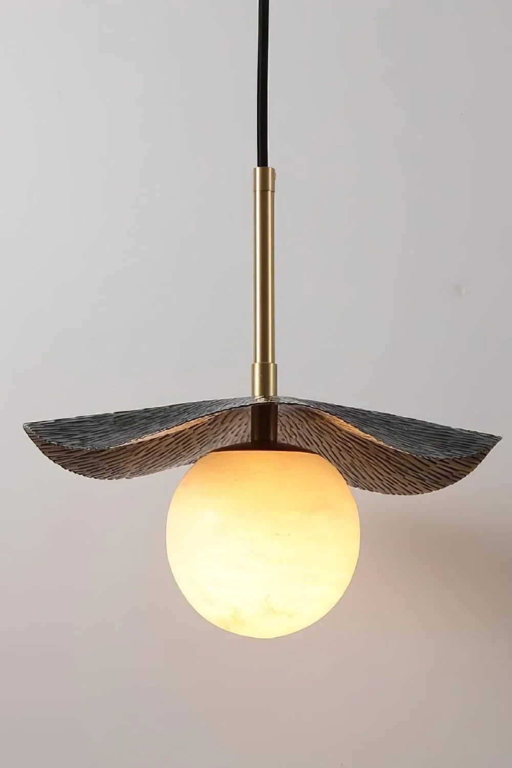 Illuminated Modern Black and Gold Disc Pendant Light Studio Shot