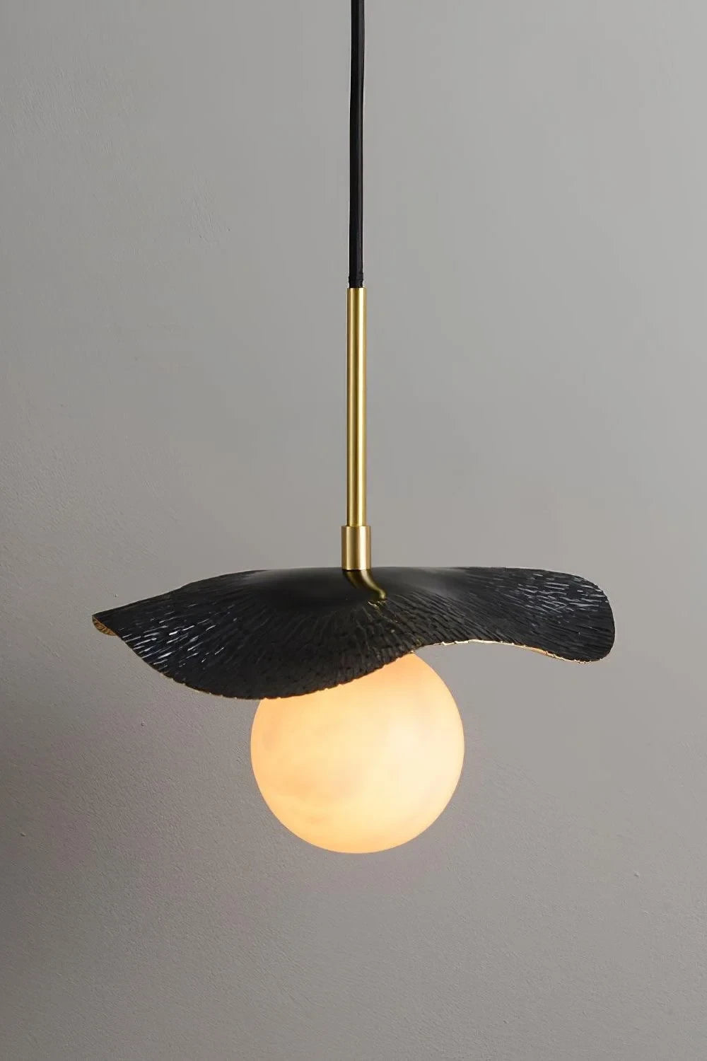 Side View of Illuminated Modern Black Disc Pendant Light