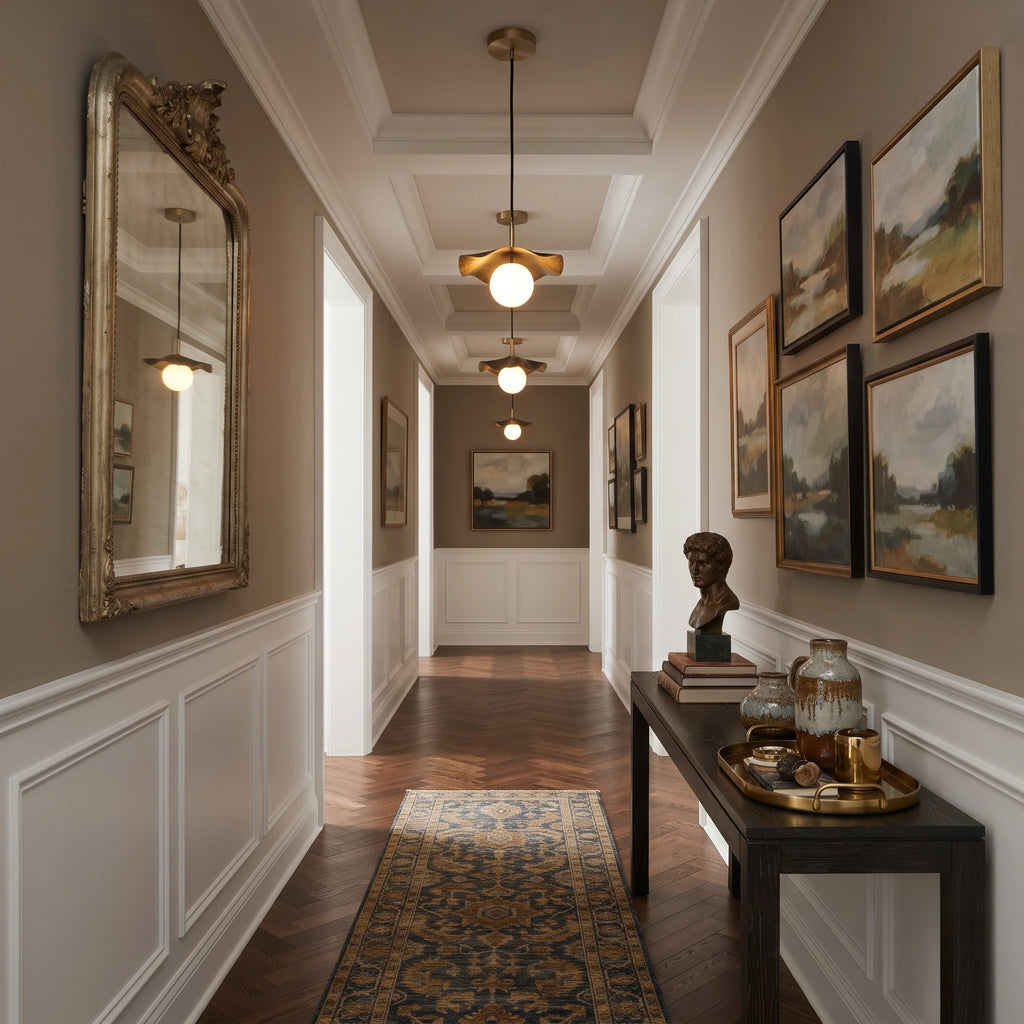 Modern Black Disc Pendant Lights Along Hallway Foyer