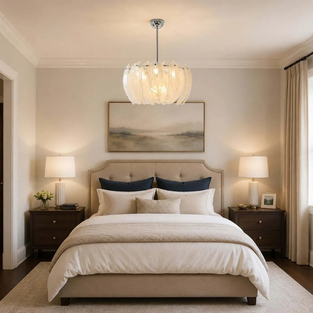 Modern Petal Art Glass Chandelier Over Bedside Interior