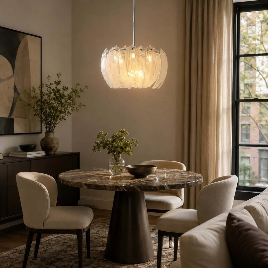 Modern Petal Art Glass Chandelier in Open Living Area