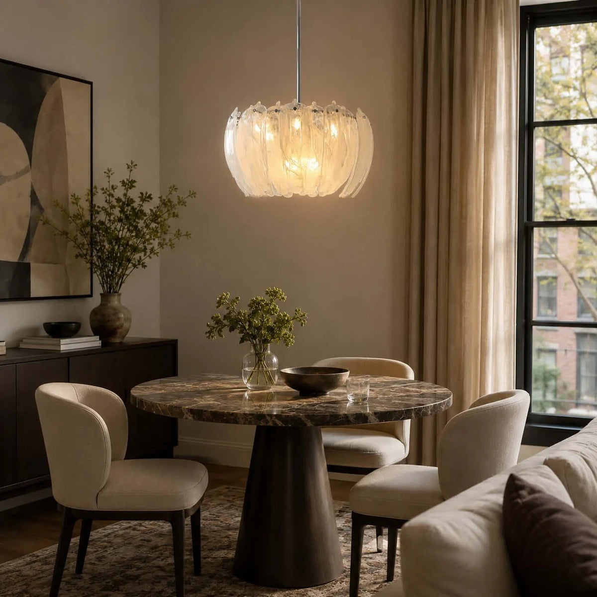 Modern Petal Art Glass Chandelier in Open Living Area